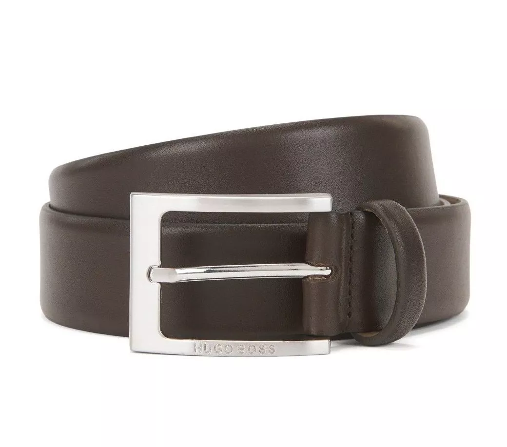 Hugo Boss Barnabie Dark Brown Leather belt brushed silver pin Buckle All Sizes