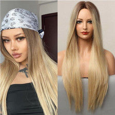 Long Silk Straight Wig Ombre Blonde Golden Synthetic Wigs Natural Middle Part US