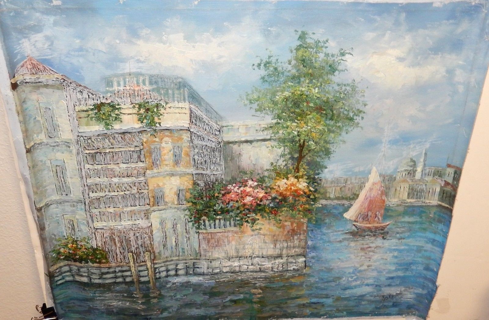 SALADORA SAIL BOATS STREET SCENE OIL ON CANVAS PAINTING