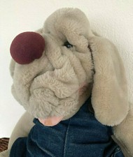 GANZ Vintage 80s Wrinkle Dog Hand Puppet Gray Plush w/Blue Denim Overalls 18"