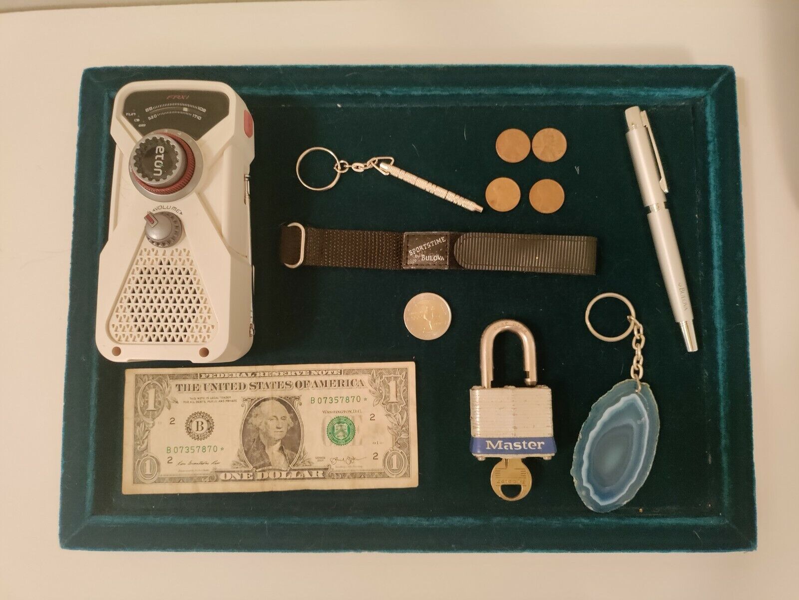 Grandpa's Junk Lot of 12 Items: Emergency Radio, Bulova Pen, Old Pennies, Dollar