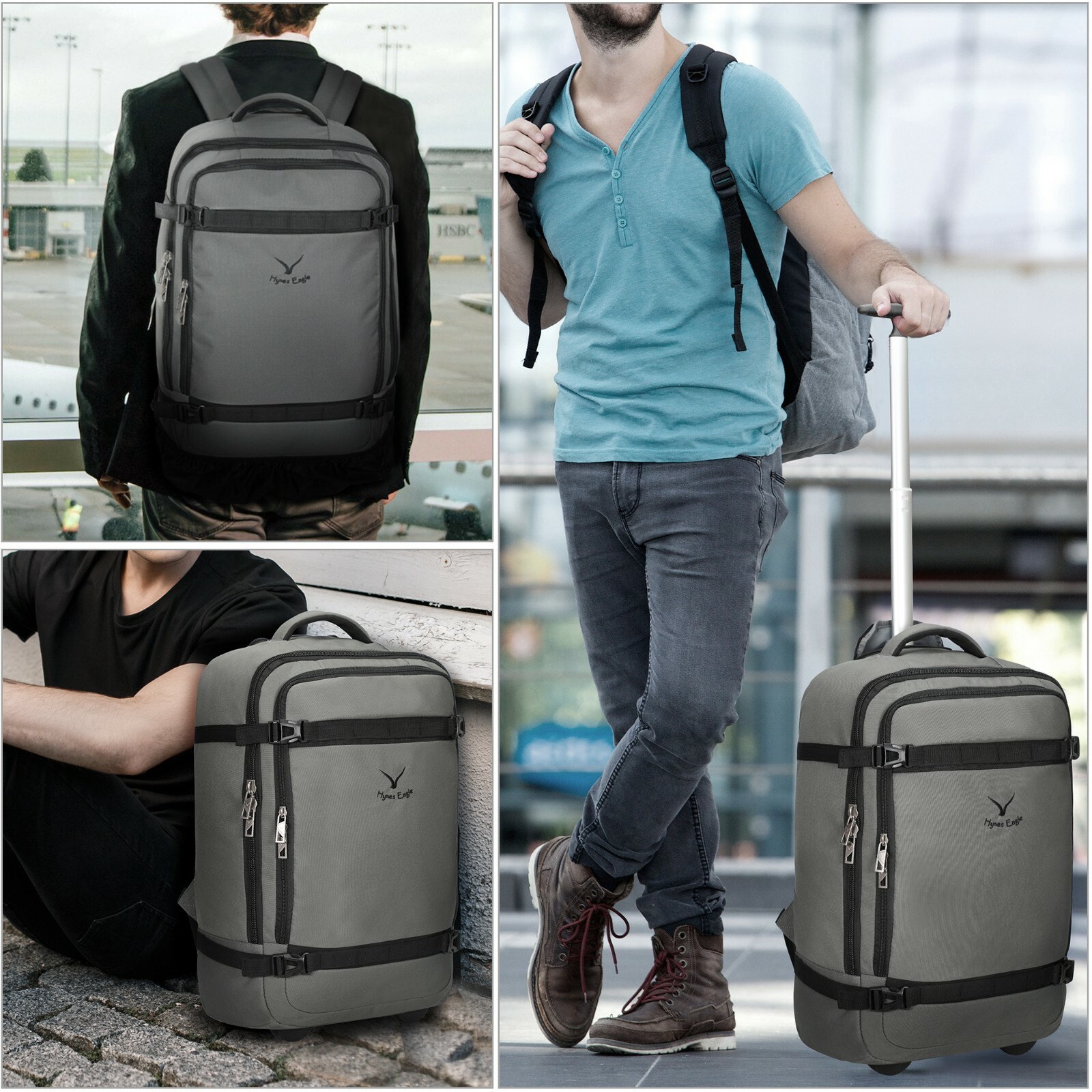 42L Flight Approved Rolliing Backpack Carry on Soft Suitcase Luggage Bag Grey