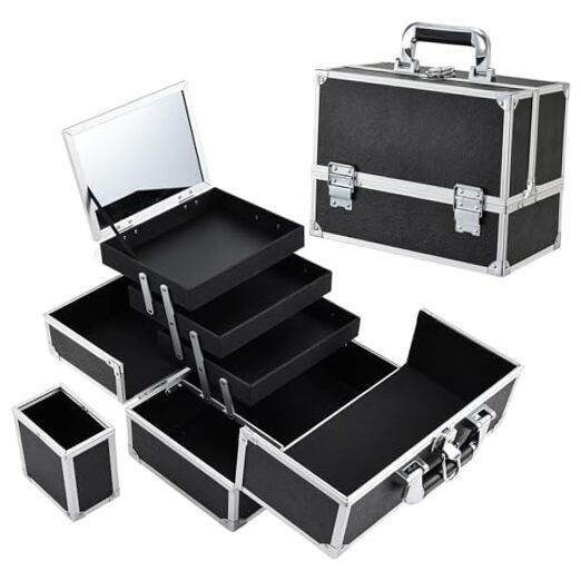 Makeup Train Case 11.8 Inch Extra Large Makeup Organizer Case 3 Large Black
