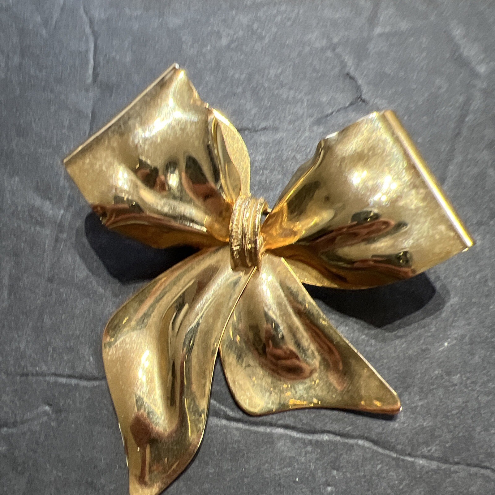 Vintage Gold Tone Bow Brooch, Large Christmas Ribbon with Crystal Accents.