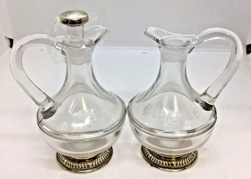 Vintage Oil And Vinegar Cruets Sterling Silver Bases, One Sterling Stopper - (I)