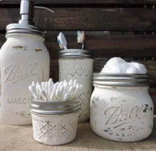 BEAUTIFUL 5 PIECE RUSTIC DISTRESSED MASON JAR BATHROOM SET