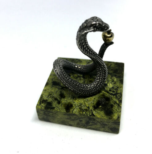 Vintage Sterling Silver 925 Serpent with Apple on septarian stone base ornament