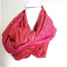NEW Fashion Infinity Scarf Red Pink with Gold Metallic Sparkle Pleated Fabric