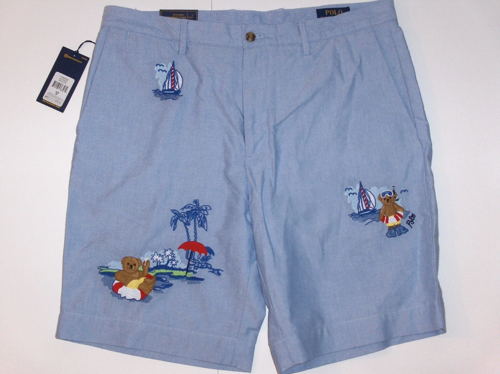 POLO RALPH LAUREN Men's Classic Fit 9" Flat Front BEACH BEAR Oxford Shorts, BLUE