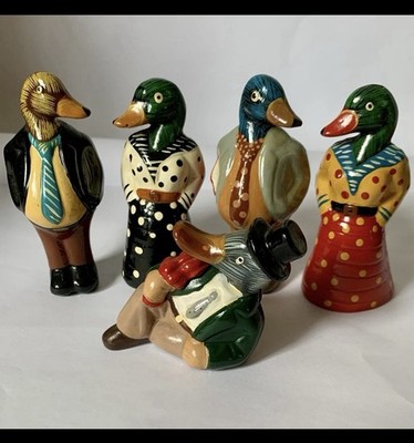 Vintage handbemalte englische Enten Figuren 5er Set Volkskunst Keramik Vögel  