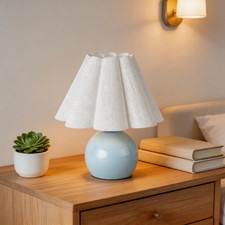 Blue Ceramic Table Lamp with Pleated Shade for Cozy Bedroom Nightstand