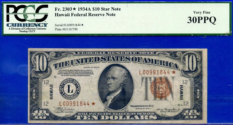 1934A $10 FRN PCGS 30PPQ - Problema de emergência da Segunda Guerra Mundial - Hawaii Star - Fr 2303* - Imagem 4 de 4