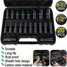 20 tlg Sechskant Kraftn&uuml;sse Set 1/2" Lang 8-32mm CR-V f&uuml;r Schlagschrauber DE
