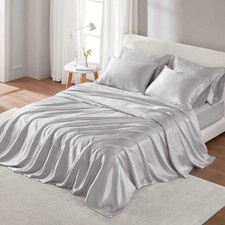 Madison Park Essentials Satin Sheet Set Luxury and Silky Queen, Light Grey, 6 PC
