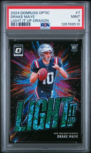 Drake Maye 2024 Panini Donruss Optic Light It Up #7 Dragon /24 PSA 9
