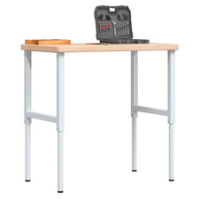 Image of Workbench Solid Oak Top brown, Powder-Coated White Metal Legs, 100x60x73-99.5cm
