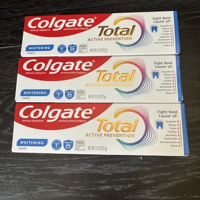 Lot Of 3 Colgate Total Whitening Toothpaste Active Prevention Mint 3.3 oz Tube