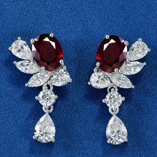 2.20Ct Oval Cut Lab-Created Red Ruby Drop Dangle Earrings 14k White Gold Plated
