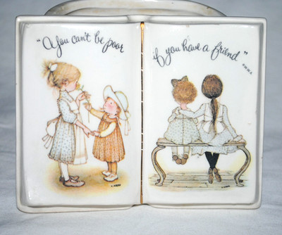 Holly Hobbie small ceramic planter, open book design, Friendship, used, 1973