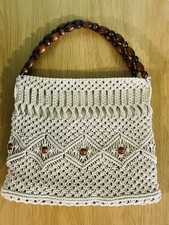 Vtg. Macrame Crochet Cream Bag Wooden Beaded Handles