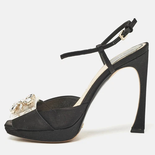 Sandales à bride cheville Dior noires satinées ornées de cristal pointure 36