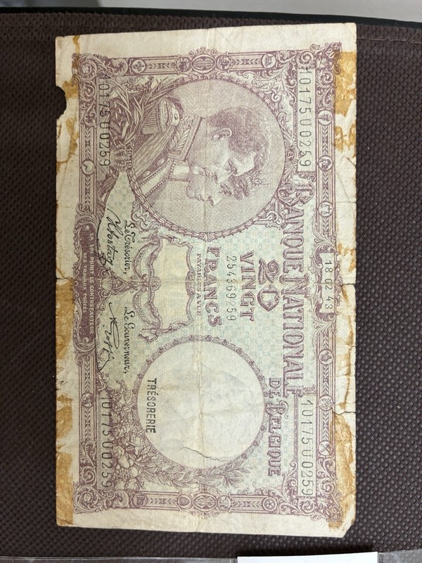 Belgium 20 Francs 1943 Banque Nationale de Belgique Banknote, Circulated