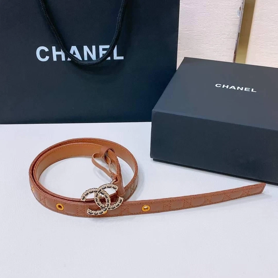 Chanel Women's whith Leather Belt, Brown size80-85, Gold Logo CC - Image 3 of 4