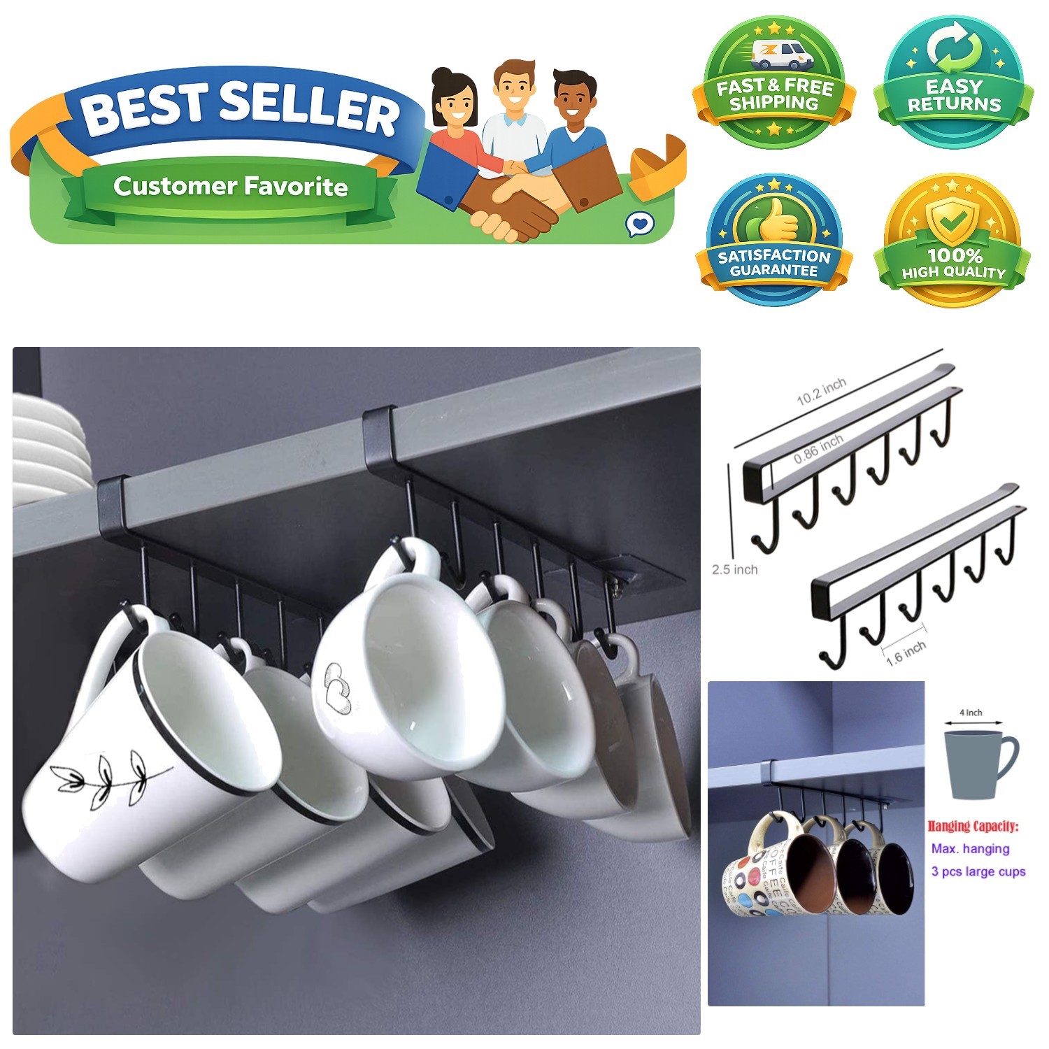2pcs Mug Hooks Under Cabinet Mug Holder Rack,Nail Free Adhesive Coffee Cups H...