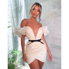 House of CB Agatha Ivory Organza Dress Puff Sleeve Sweetheart Belted Mini Small