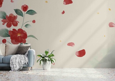3D Red Flower Petal Watercolor Self-adhesive Removable Wallpaper Murals