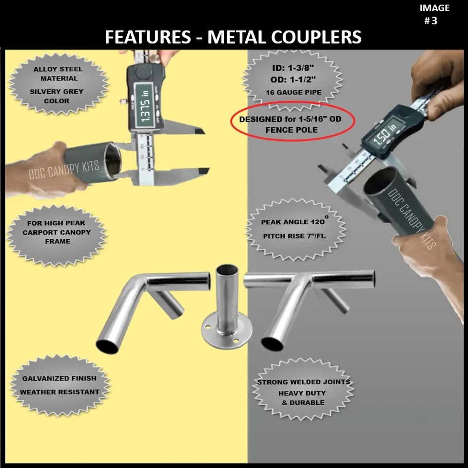 18x40' Carport Canopy Kit |1-3/8'' ID Fittings+Tarp+Bungee | No Roof / Leg Poles - Image 3 of 4
