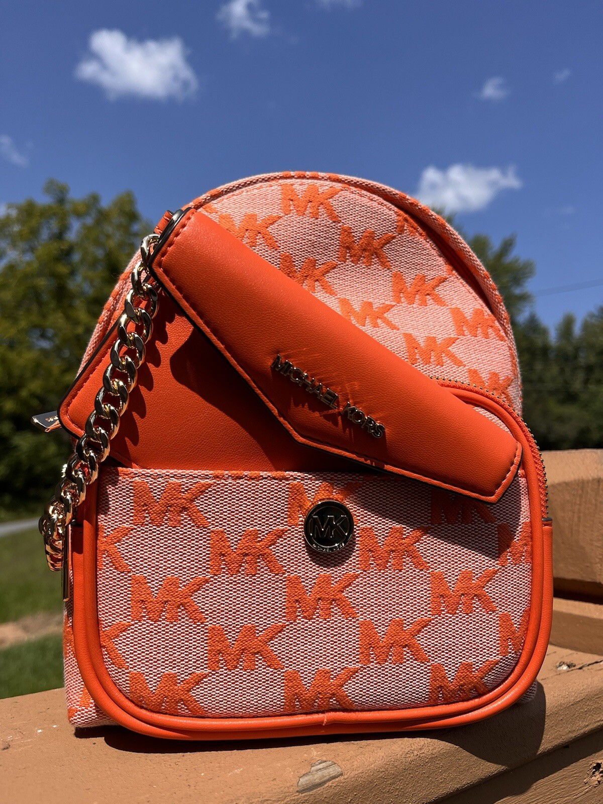NEW Maisie Small Logo Jacquard 2-in-1 Backpack With Cardholder Wallet Orange
