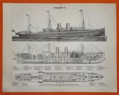 DAMPFSCHIFF I-II Schnelldampfer  Havel und Spree Norddeutscher Lloyd Holzstich - Bild 1 von 3