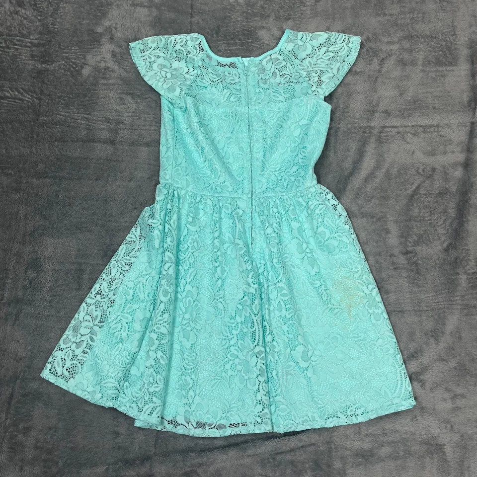 Vestido Place Fit & Flare Niñas Talla 10 Azul Aqua Encaje Floral Manga Gorra Cremallera Trasera Foto 2 de 4