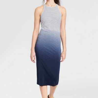 Athleta Sunkissed Midi Striped blue ombr dress halter neck cotton bodycon  XS | eBay