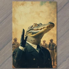 POSTCARD Alligator Military Uniform Surreal Scene Soldier Weird Army Retro Suit