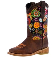 Kids Western Cowboy Boots Paisley Pattern Flowers Brown Square Toe Botas