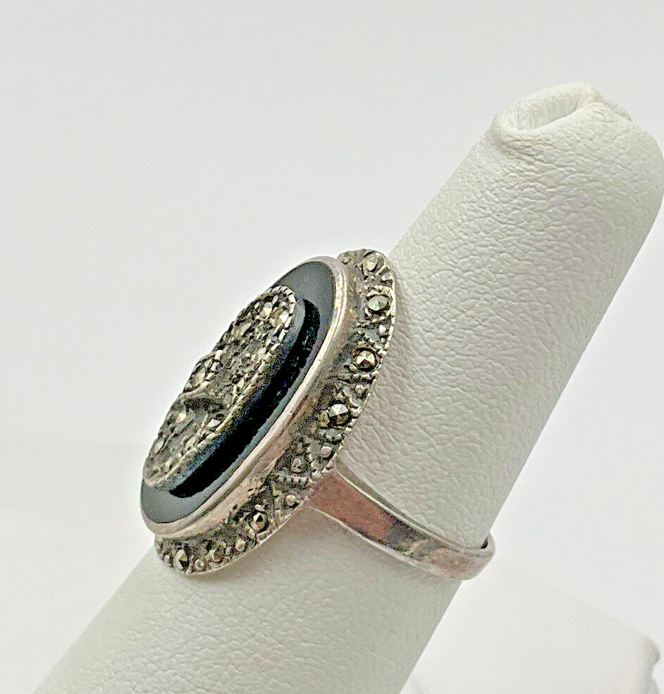 Sterling Silver Inlaid Black Onyx Marcasite Ring Size 5.75 | eBay