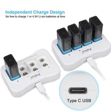 Pallus 9v Lithium Rechargeable Batteries 850mAh 9V Li-ion Batteries Charger Lot