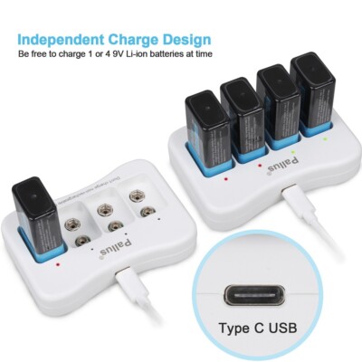 Pallus 9v Lithium Rechargeable Batteries 850mAh 9V Li-ion Batteries Charger Lot