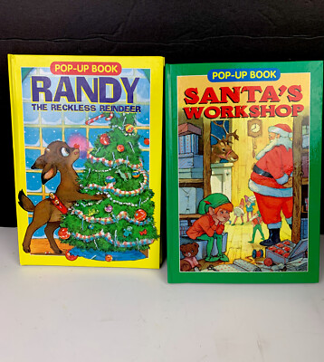 2 Pop-up Books Randy Reckless Reindeer & Santa s Worship 1992 Goodtimes Pub Vtg