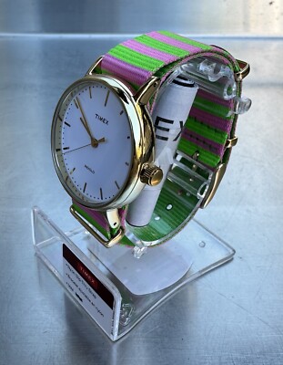Timex Fairfield TW2P91800 Gold Tone Watch Nylon Pink Green NATO Strap New Timex TW2P91800 Women main image 2