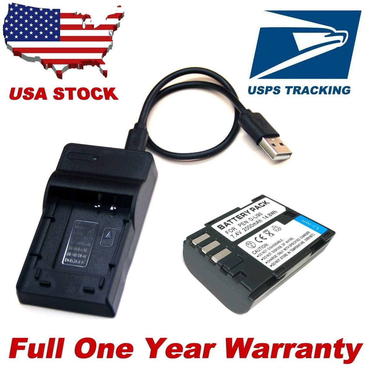 Battery + USB Charger For Pentax 39830 39835 D-Li90 D-L190 D-BC90