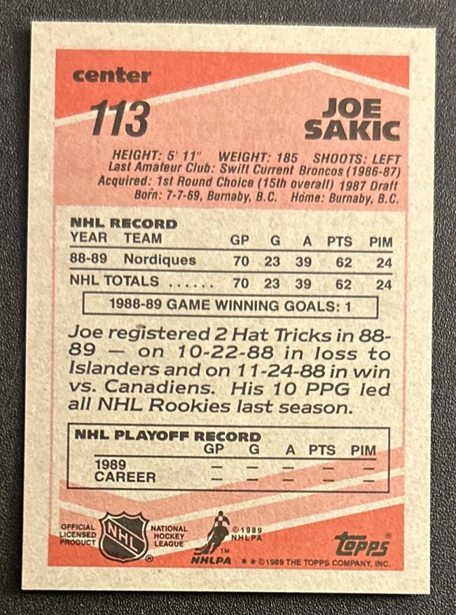 1989-90 Topps Joe Sakic Hockey Rookie Card (RC) #113 Nordiques Center VG O/C - Image 2 of 2