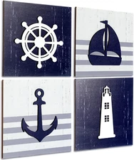 4 Pieces Nautical Wall Decor Anchor Ship Wheel Sailboat Dark Blue White