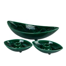 Vintage MCM Royal Haeger Green Drip Glaze Console Bowl & Leaf Candle Holders