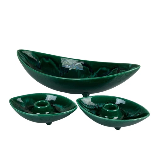 Vintage MCM Royal Haeger Green Drip Glaze Console Bowl & Leaf Candle Holders