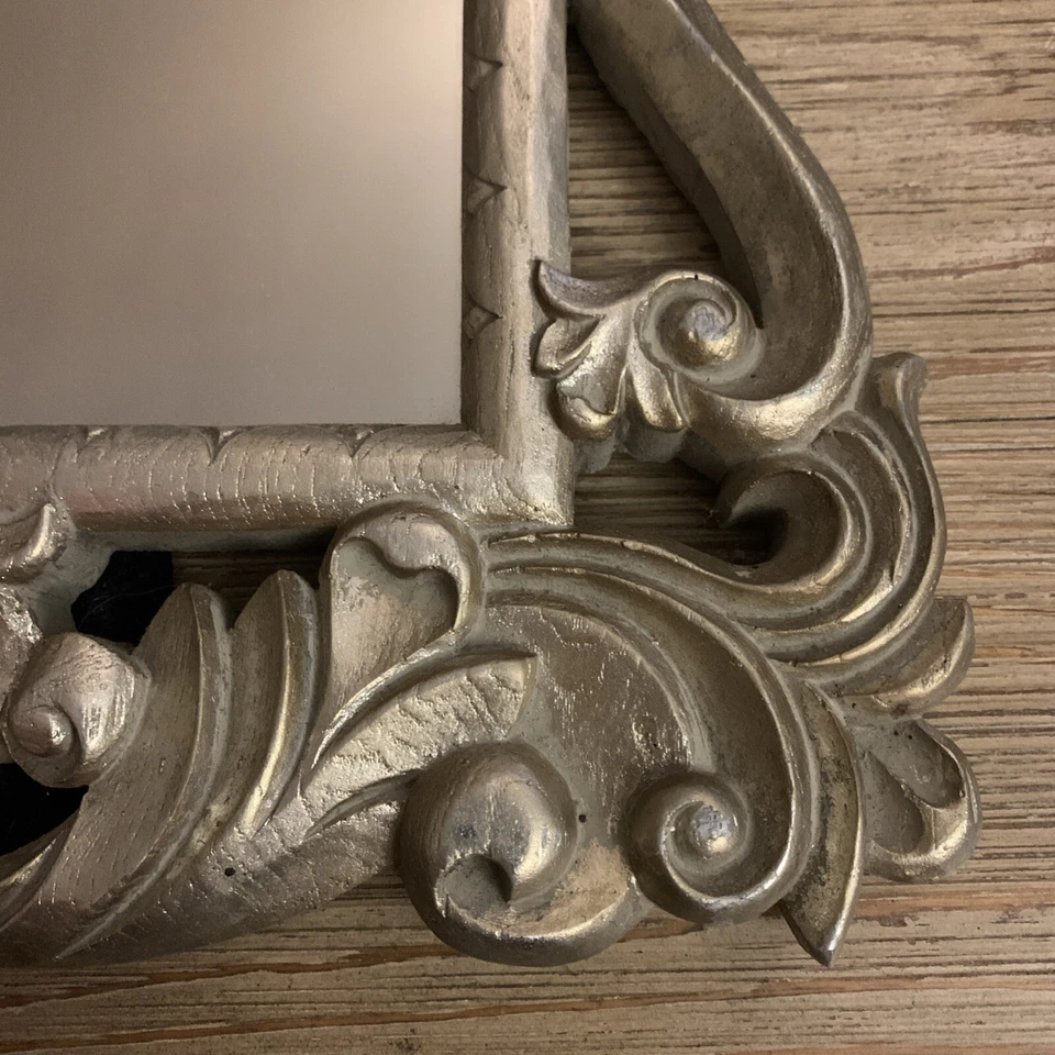 Vtg Carved Wooden Silver Leaf  Easel Dresser Table Mirror Photo Frame 16.5” Tall - Image 3 of 4