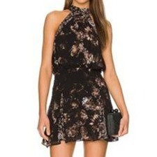 Free People Katerina Halter Tie Sleeveless Floral Mini Dress Black Small