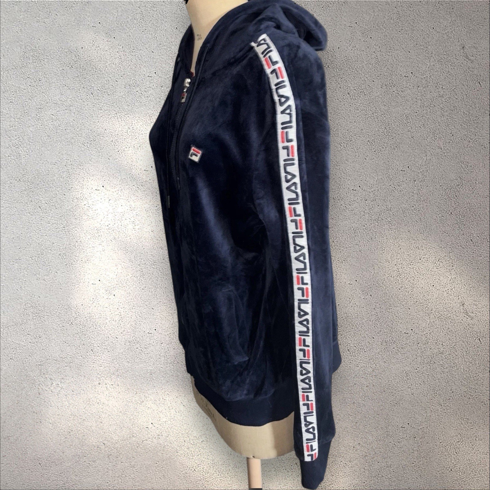Fila Felpa con cappuccio e zip intera in morbido velluto blu navy da donna Taglia L